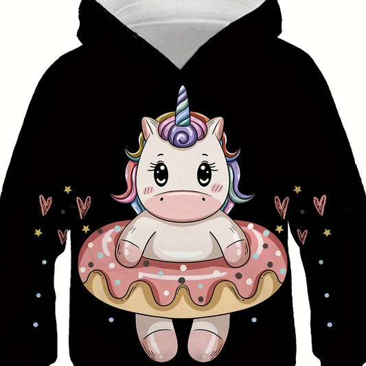 Boy's Cartoon Pony Print Hoodie Slightly Stretch Hooded Sweatshirt