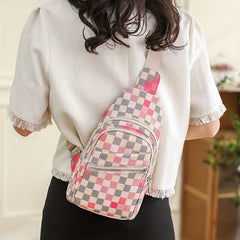 Plaid Pattern Sling Bag PU Leather Chest Purse Colorblock Crossbody Bag