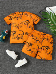 2pcs Little Boy Casual Dinosaurs Graphic Short Sleeve Tees & Shorts Set