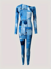 Patchwork Print 2pc Set Asymmetrical Neck Long Sleeve Top & Skinny Pants