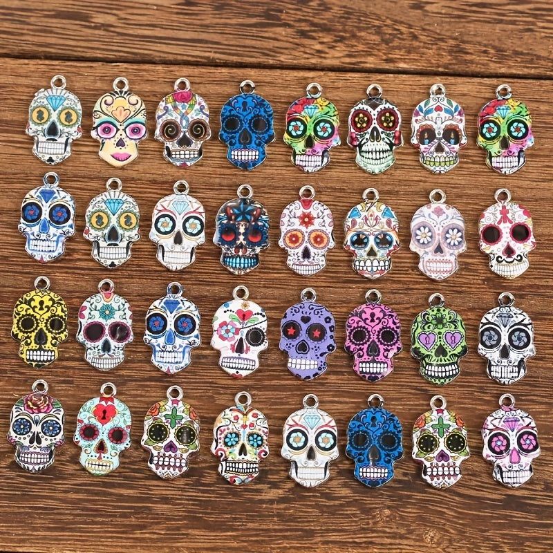 10pcs Mixed Colorful Skull Head Pendants - Halloween DIY Accessory