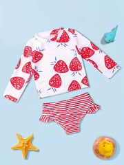 Girls Strawberry Print Long Sleeves Swimming Suit