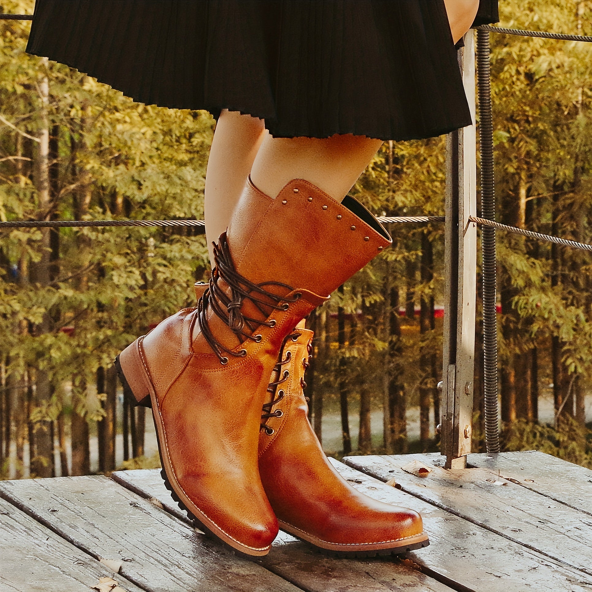 Women's Retro Mid Calf Boots Lace Up Chunky Low Heel Western Boots
