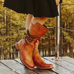 Women's Retro Mid Calf Boots Lace Up Chunky Low Heel Western Boots