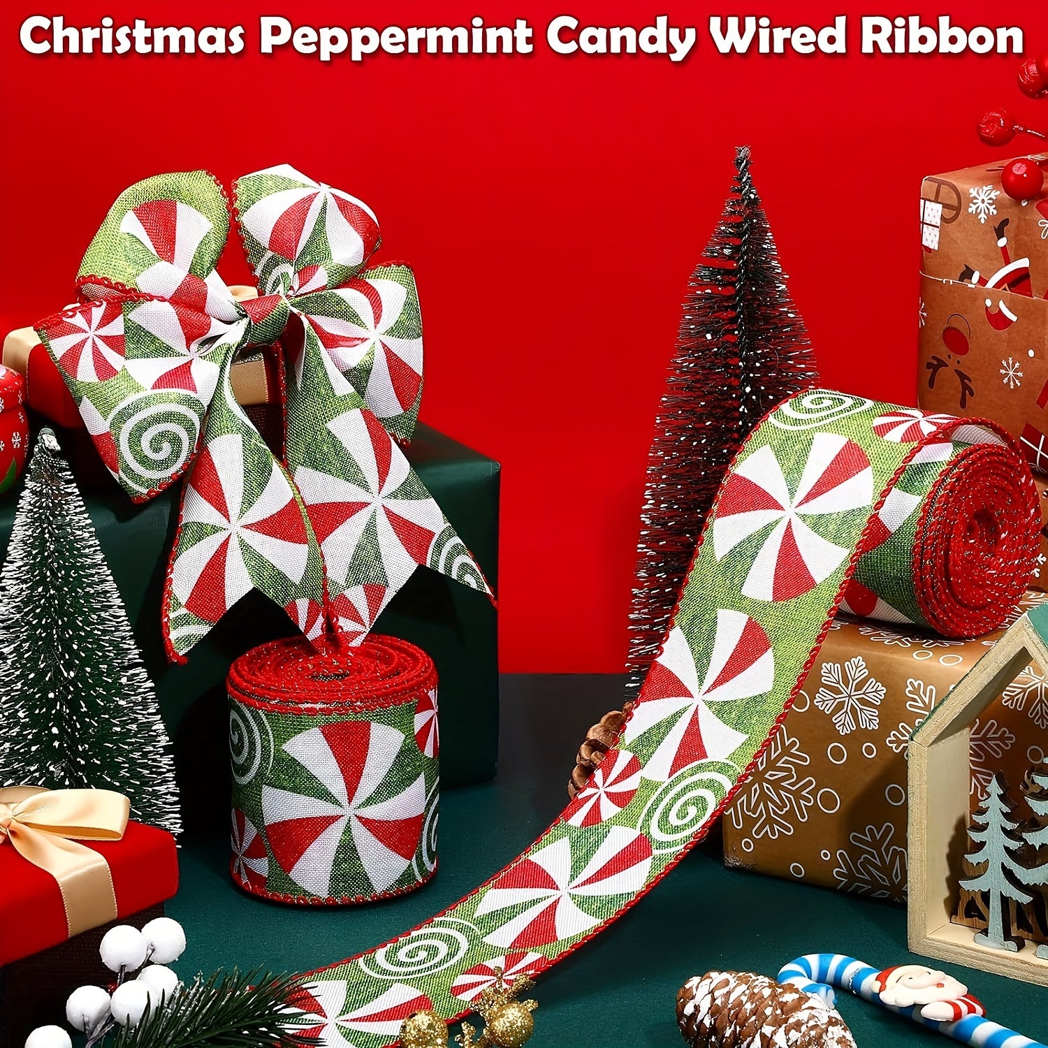 4.57m Christmas Candy Peppermint Wired Edge Ribbon DIY Craft Wreath Decoration