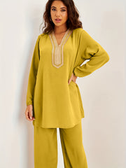 Applique Lantern Sleeve V Neck Belted Tunic Top & Wide Leg Pants Set