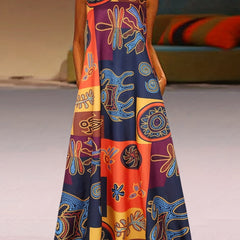 Vintage Ethnic Print Maxi Dress Sleeveless V Neck Summer Dress