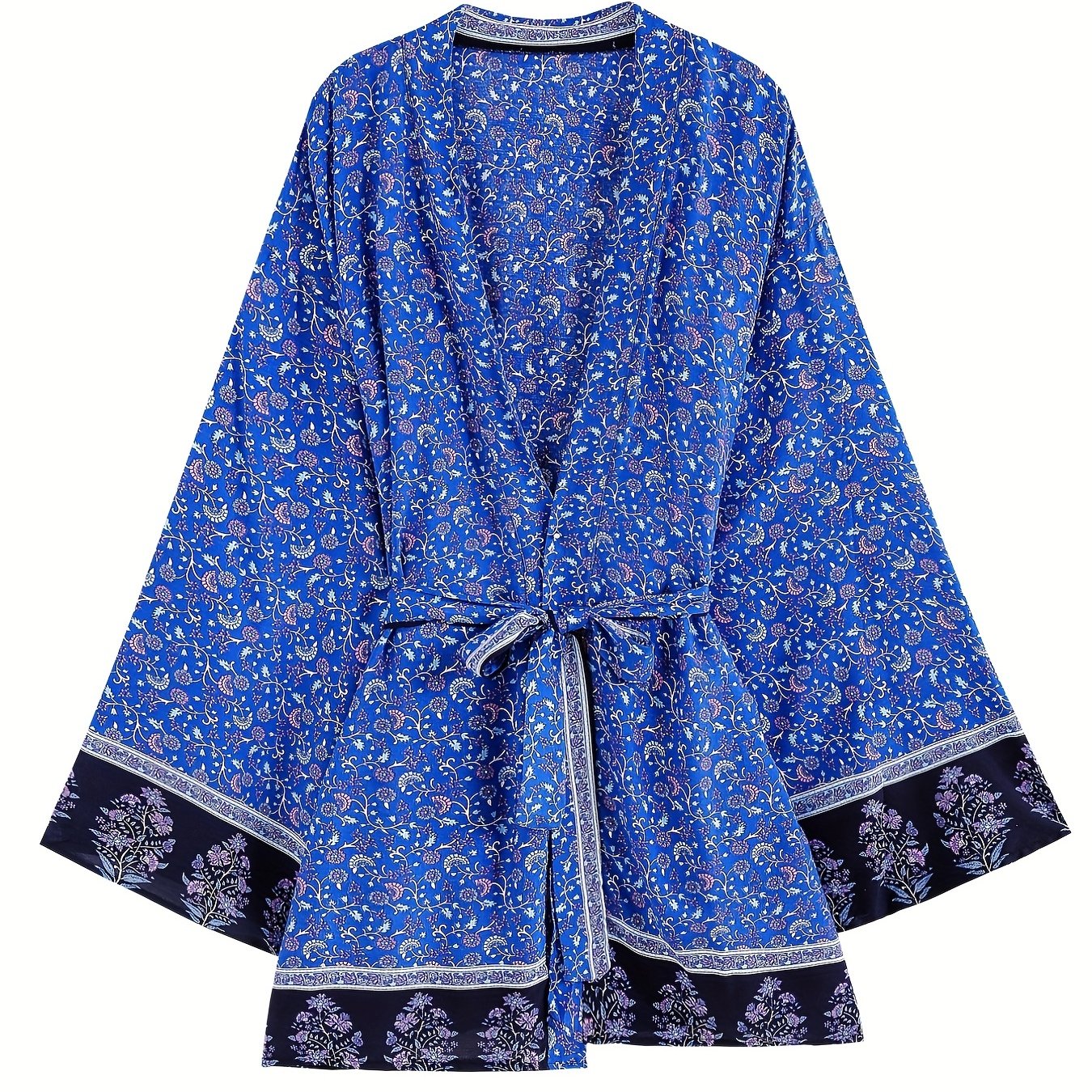 Floral Print Boho Style Cover Up Kaftan Long Sleeve Tie Belt Vacation