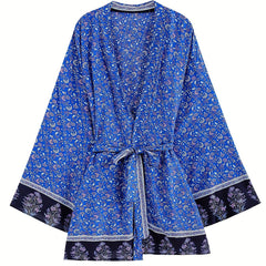 Floral Print Boho Style Cover Up Kaftan Long Sleeve Tie Belt Vacation