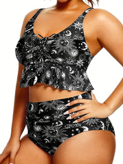Boho Bikini Set Sun & Moon Print Lace Ruffle Trim Two Piece Swimsuit