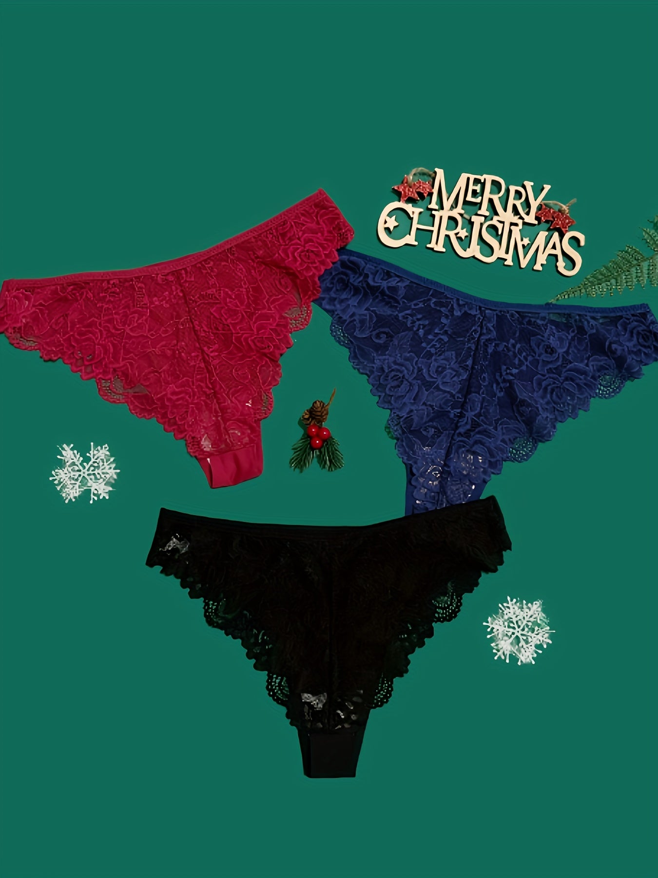 3pcs Christmas Print Briefs Lace Panties Women's Lingerie