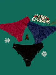 3pcs Christmas Print Briefs Lace Panties Women's Lingerie