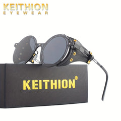 KEITHION Steampunk Round Vintage Sunglasses Leather Side Glasses UV 400