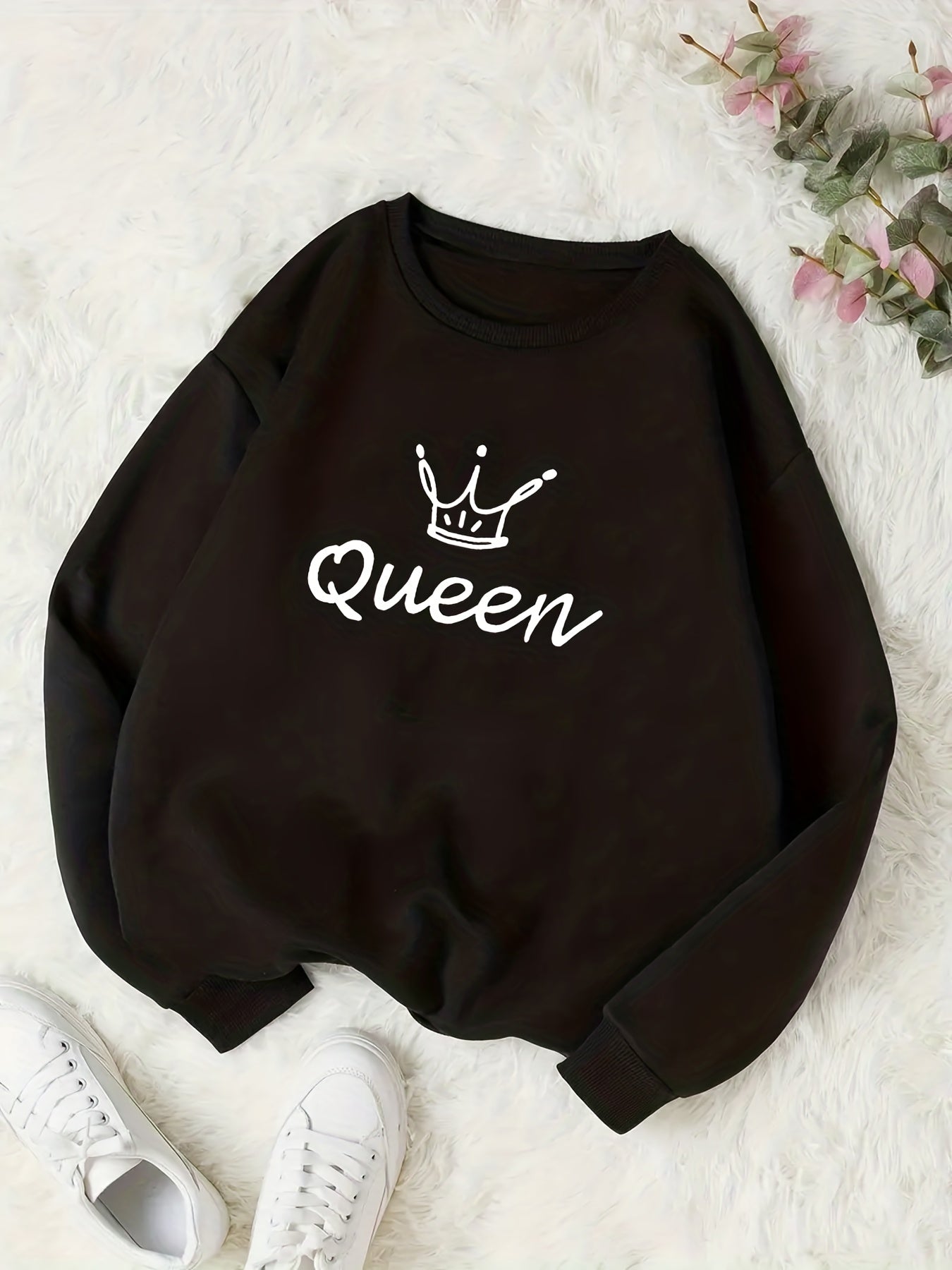Queen Print Sweatshirt Crew Neck Casual Long Sleeve Women's Clothing