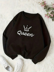 Queen Print Sweatshirt Crew Neck Casual Long Sleeve Women's Clothing