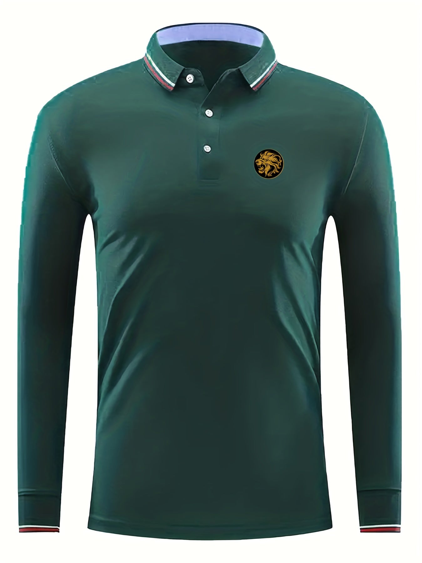 Men's Lion Head Print Long Sleeve Polo Shirt Casual Breathable Button Up Top