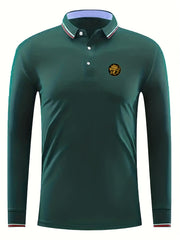 Men's Lion Head Print Long Sleeve Polo Shirt Casual Breathable Button Up Top