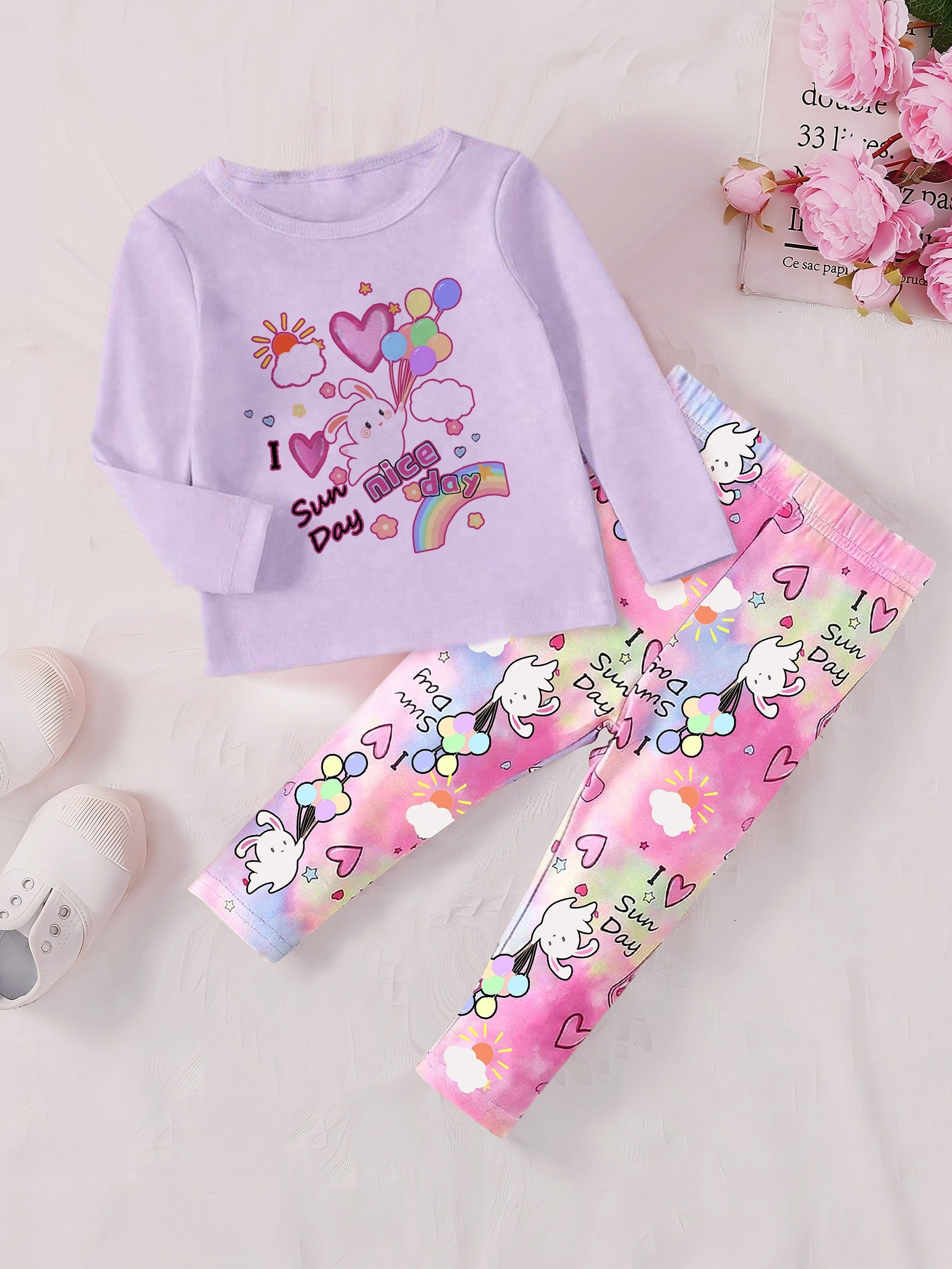 Rabbit Print Long Sleeve Sweatshirt Pants Set for Baby Girls