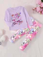 Rabbit Print Long Sleeve Sweatshirt Pants Set for Baby Girls