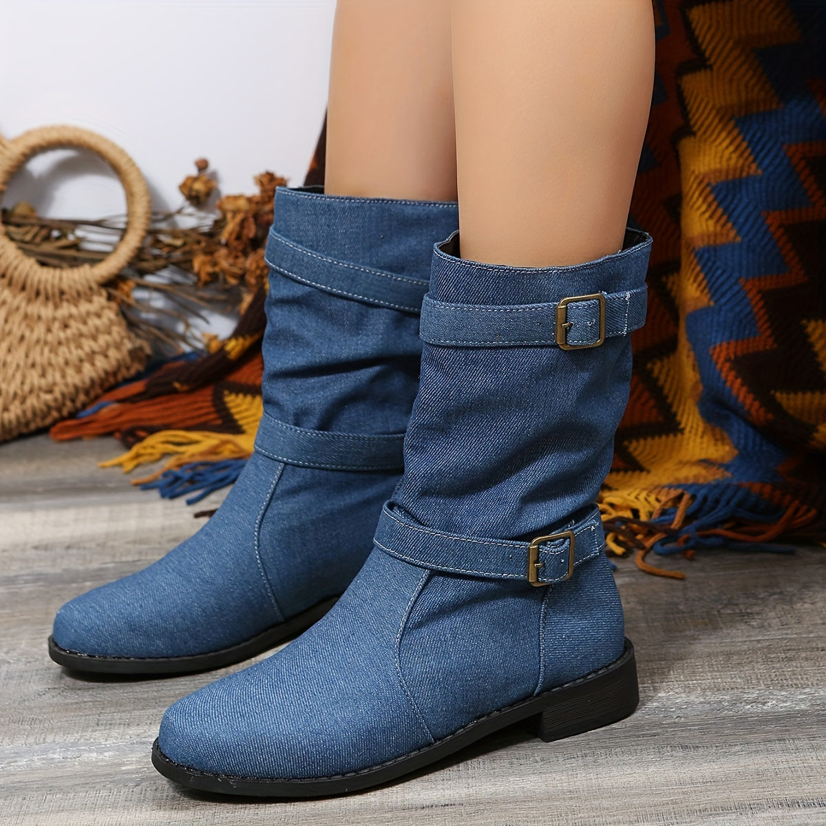 Women's Denim Chunky Heel Boots Slip On Dress Boots