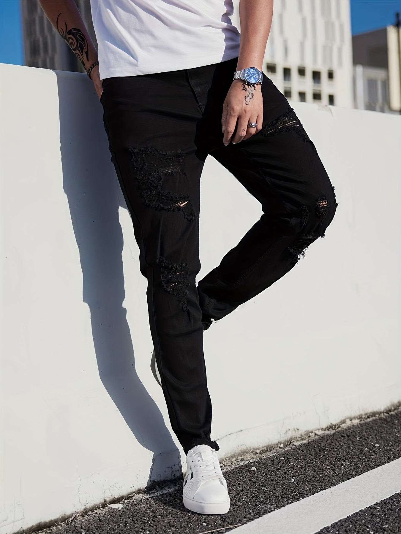 Men's Ripped Jeans Casual Street Style Stretch Denim Pants
