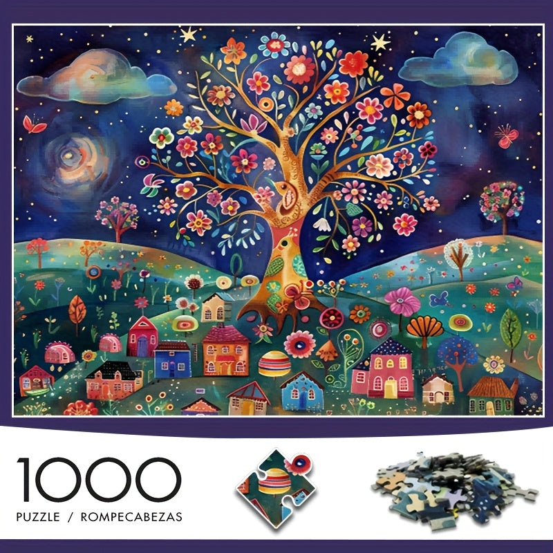 Enchanting Night Sky Puzzle 1000pcs Starry Tree & Whimsical Village Scene