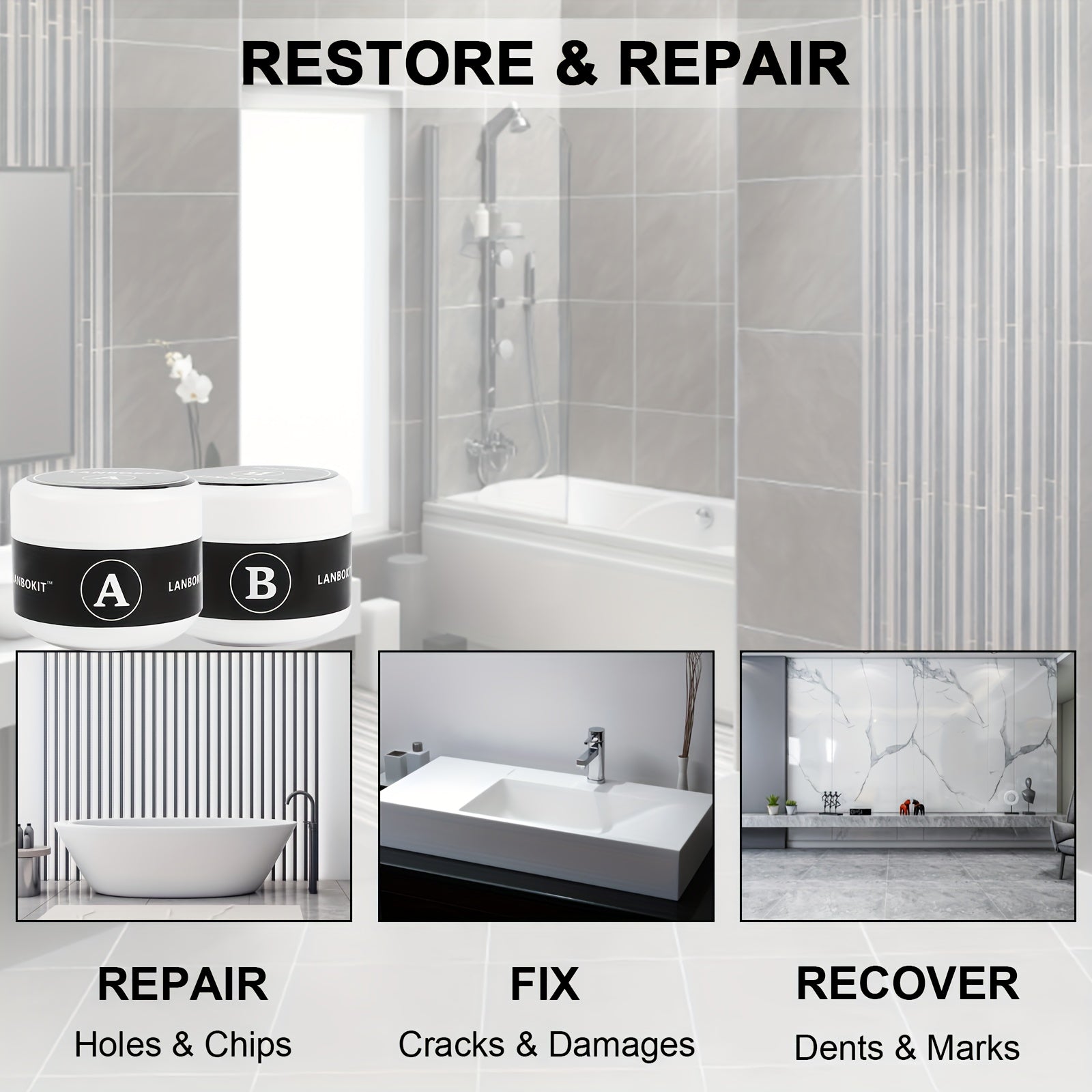 LANBOKIT Tub Tile Shower Repair Kit - Porcelain Bathtub Chips Holes Scratchs Fib