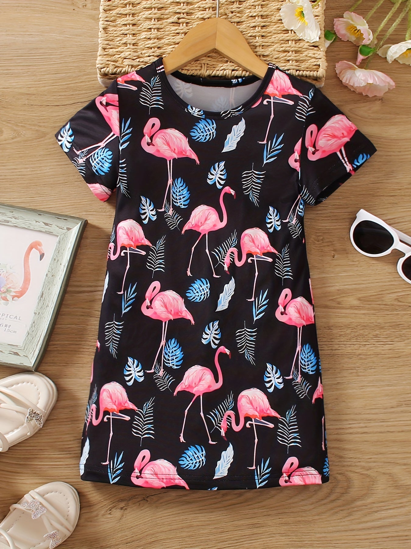 Girls Flamingo Graphic T-shirt Dress for Summer