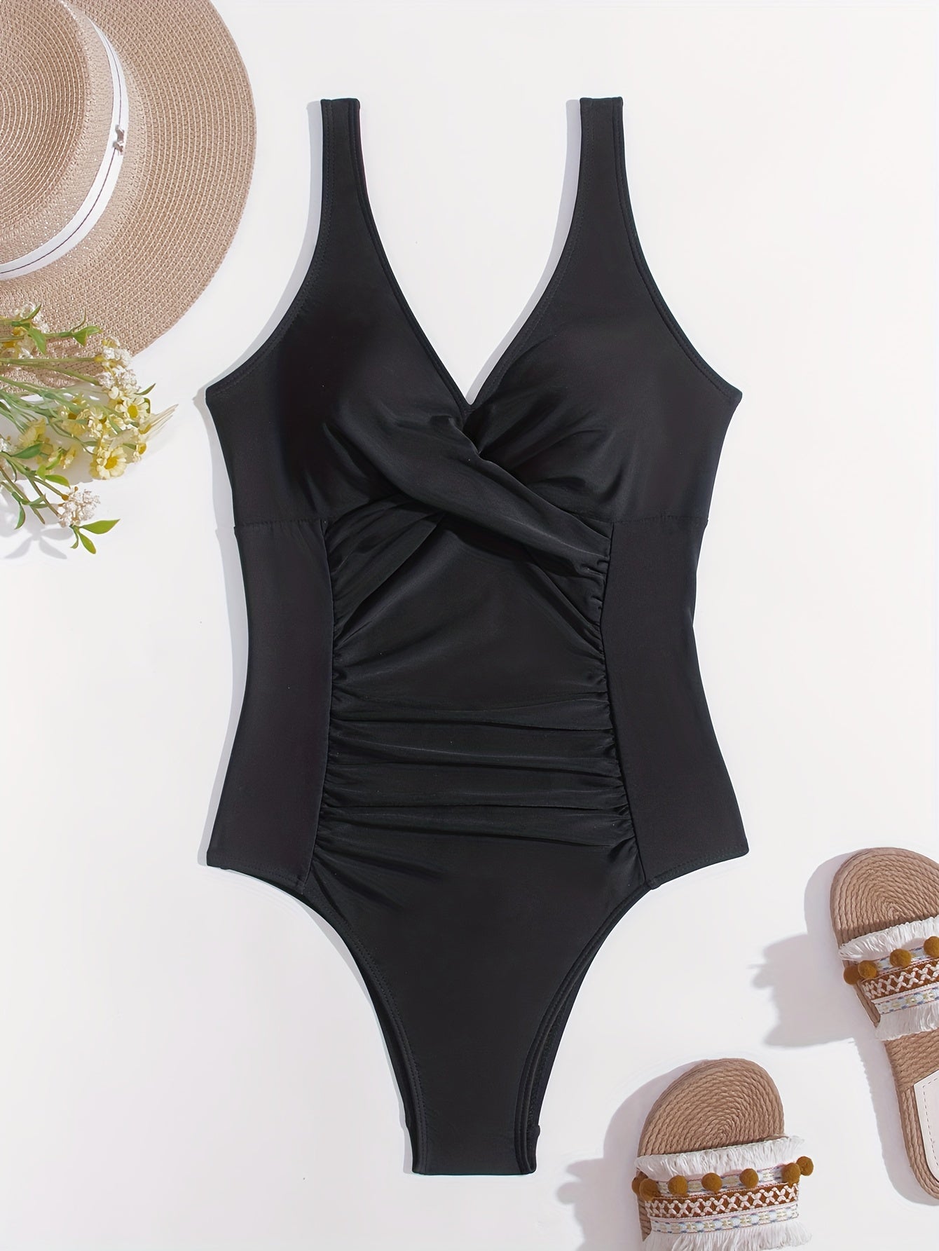 Ruched One Piece Swimsuit V Neck Backless Bathing Suit Women's Swimwear