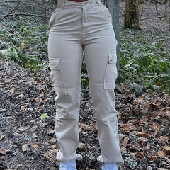 Y2K High Waist Cargo Pants - Solid Slim Fit - Casual Wide Leg