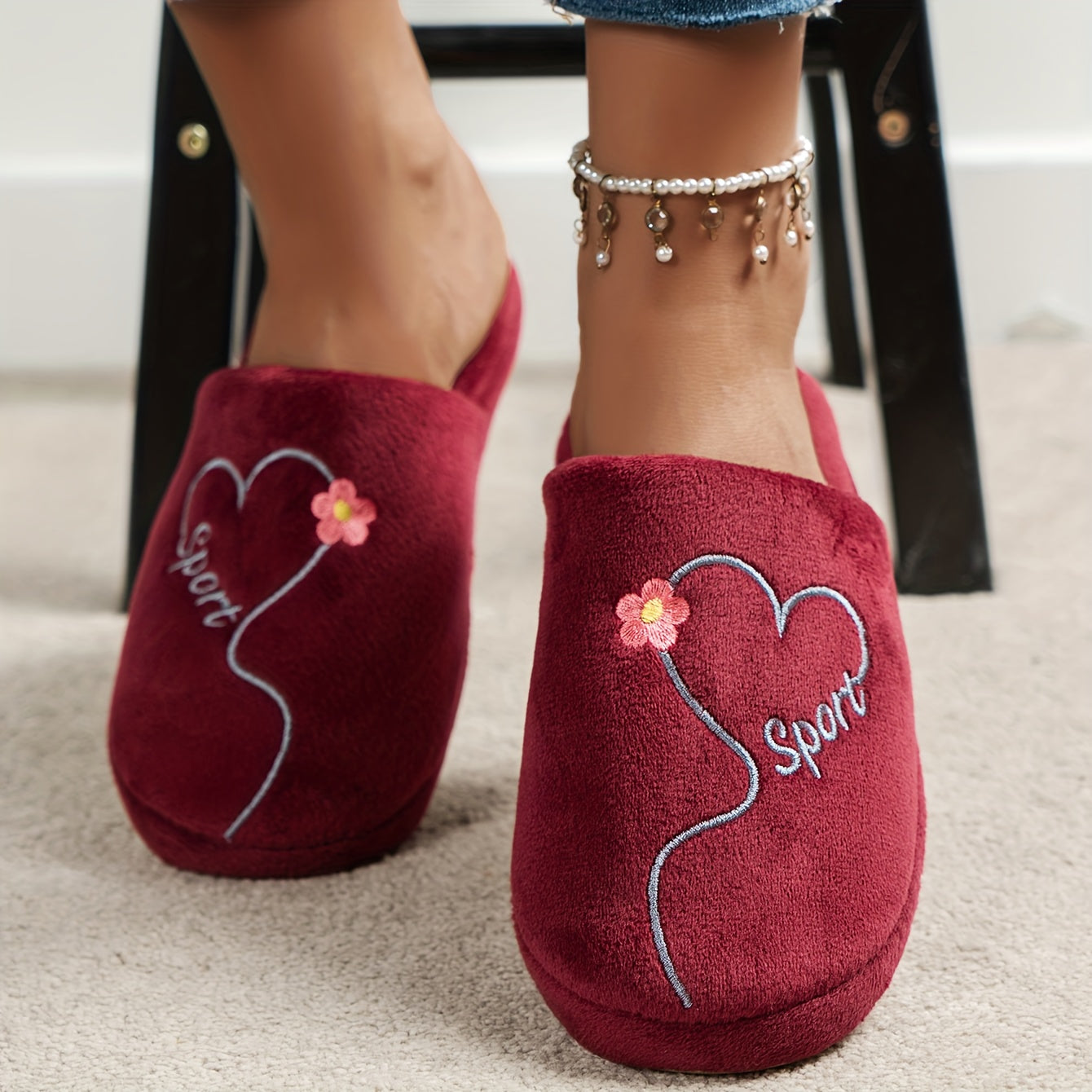 Women's Pink Love Plush Slippers Warm Fuzzy Home Shoes