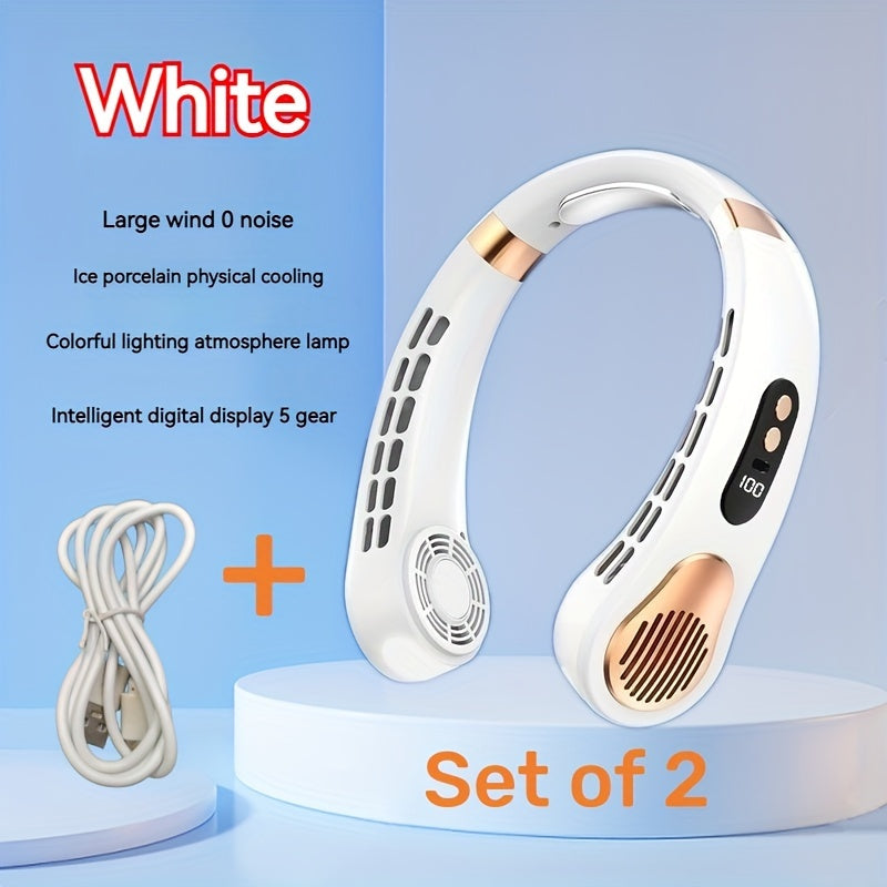 2-in-1 Neck Fan Leafless Air Cooler Fast Charging 5 Gears LED Display