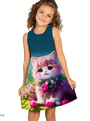 Cat Graphic Princess Dress for Girls
