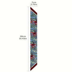 Boho Flower Print Skinny Scarf Green Long Ribbon Neckerchief Satin Twilly Scarf