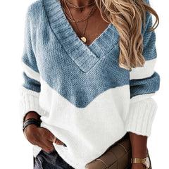 Block Knit Sweater V Neck Long Sleeve Women's Clothing