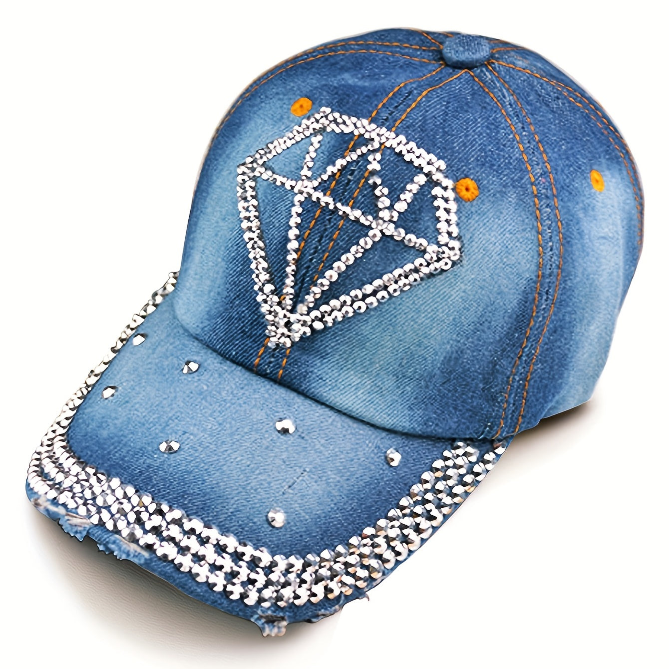 Rhinestone Heart Baseball Cap Denim Distressed Sun Hat Adjustable