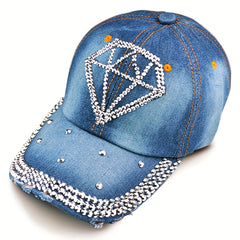 Rhinestone Heart Baseball Cap Denim Distressed Sun Hat Adjustable