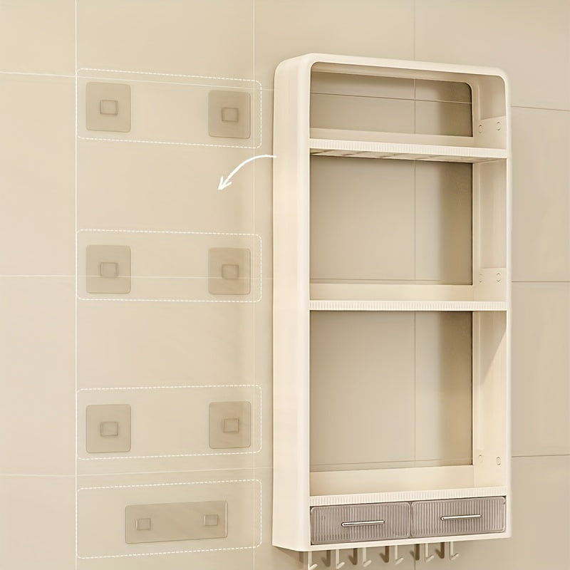 3 Tier Wall Mount Kitchen Storage Rack with Drawer and Punching Shelf