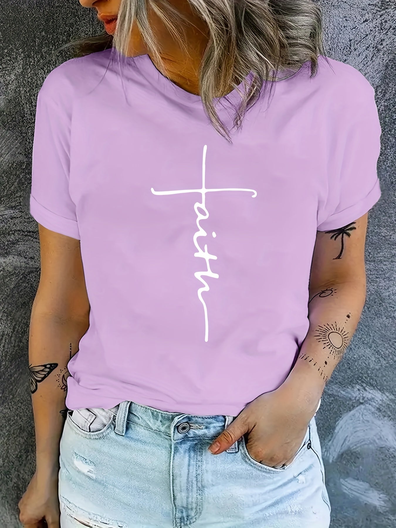 Faith Letter Graphic Crew Neck T-Shirt for Women