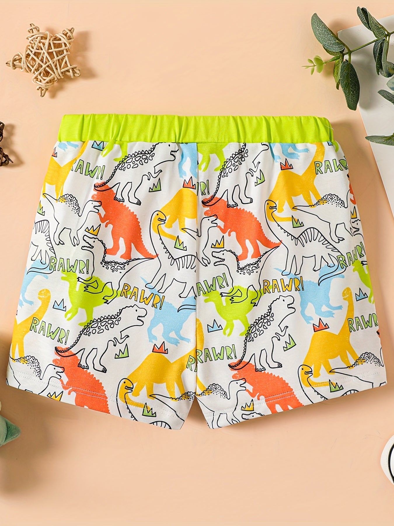 Cartoon Dino Print Boys Elastic Waist Shorts for Summer