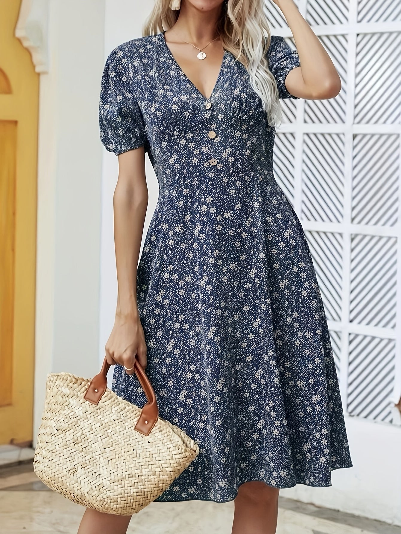 Floral & Pin Print V Neck Puff Sleeve Dress