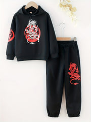 Dragon Print Hoodie & Sweatpants Set for Boys, Spring/Autumn Casual Outfit