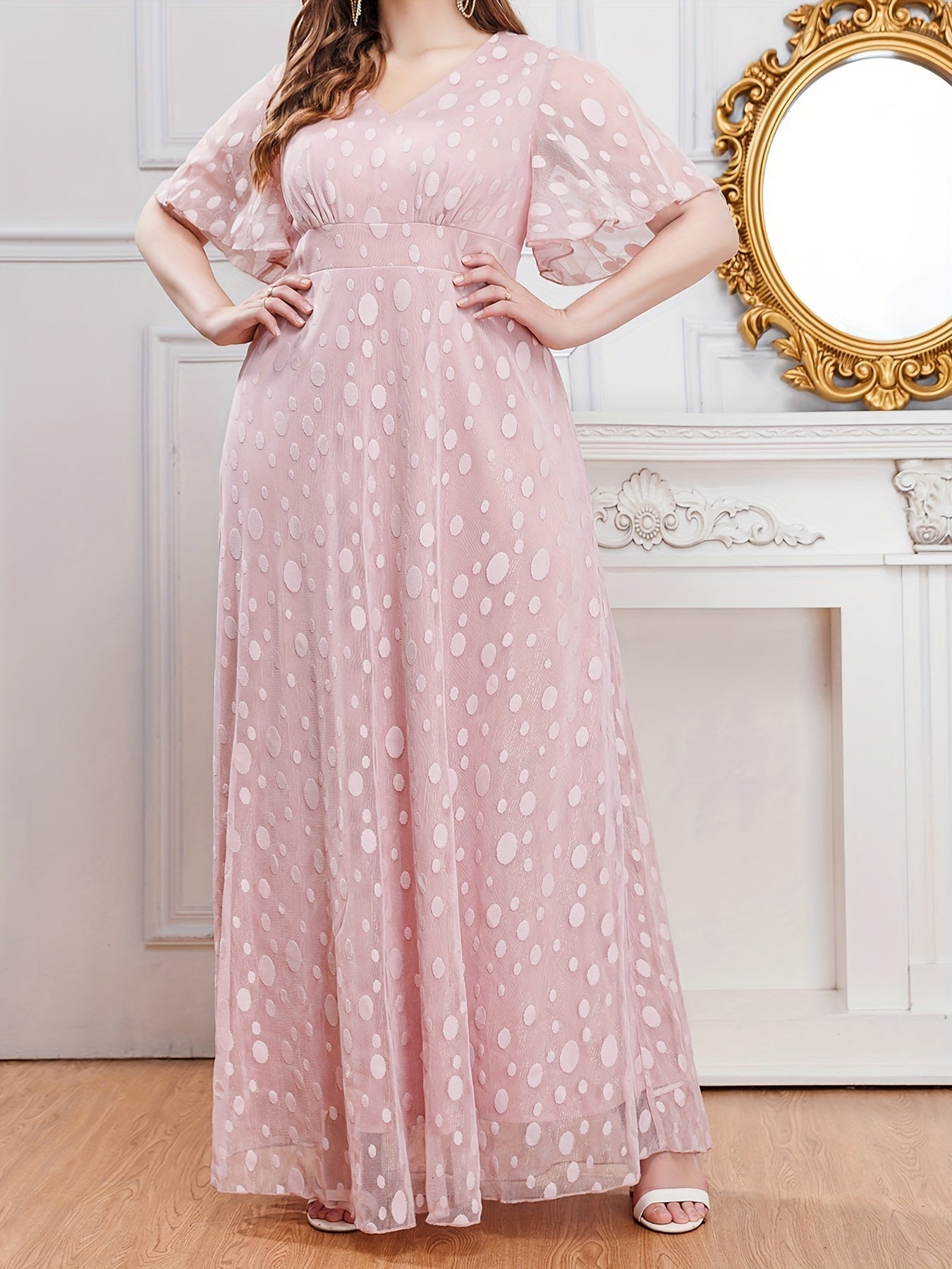 Polka Dot Mesh V Neck Maxi Evening Dress