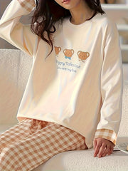 Bear Print Pajama Set Long Sleeve Top & Plaid Pants Women's Sleepwear
