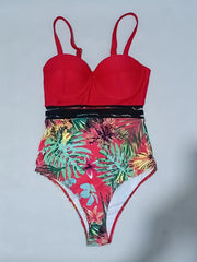 Plant Print Mesh Contrast Push Up Swimsuit High Strech One Piece Bathing Suit