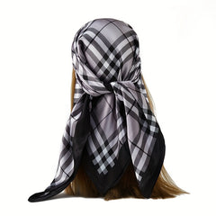 Plaid Print Bandana Silk Large Square Scarf Casual Head Wrap Women Hair Accessor