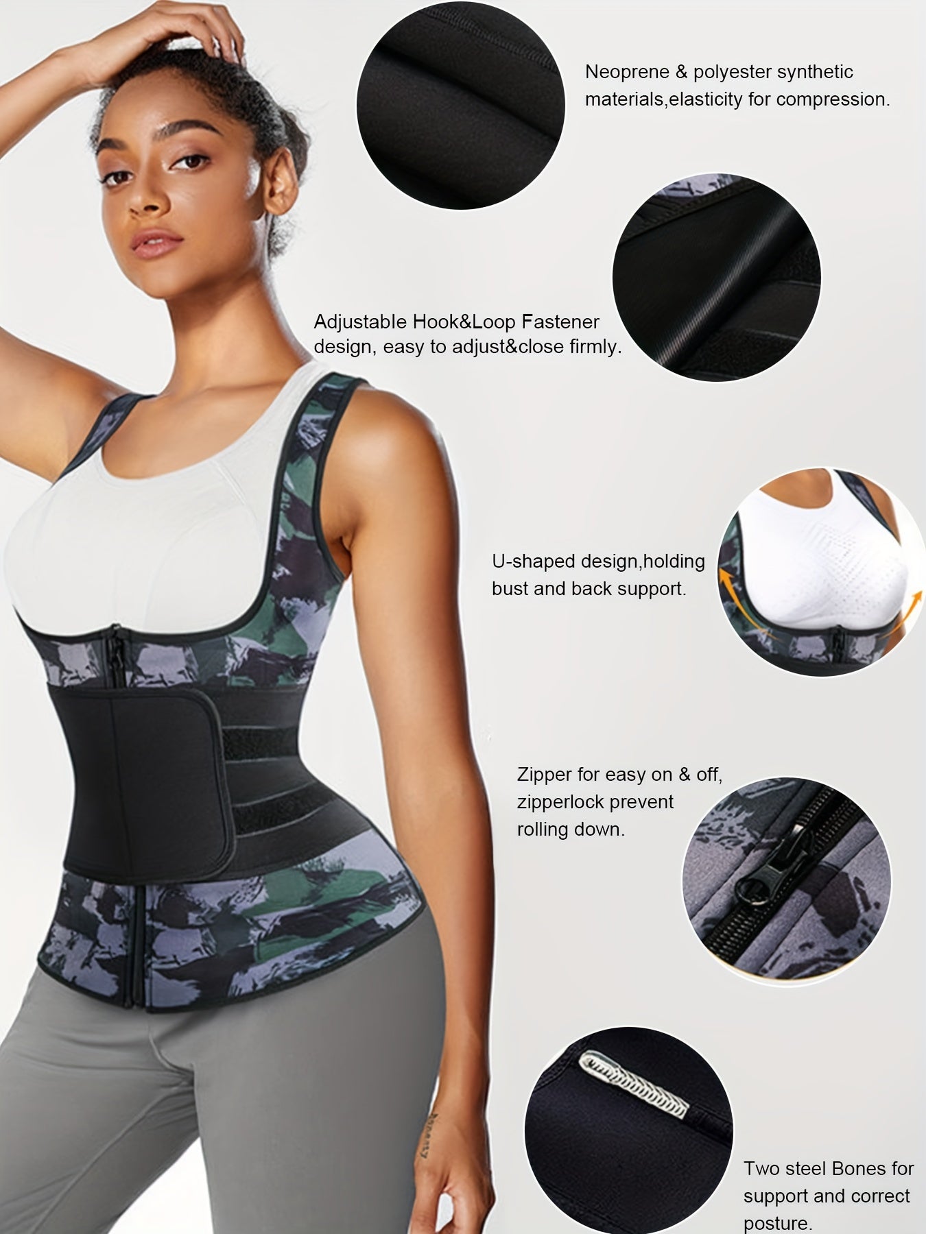 Camouflage Pattern Zipper Body Shaping Tank Top Women's Activewear