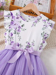 Boho Floral Tulle Spliced Dress with Bow Band for Summer