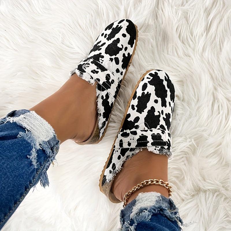 Women's Cow Print Slip On Flat Shoes Non slip Half Drag Slides