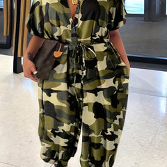 Camo Print Button Up Jumpsuit with Belt